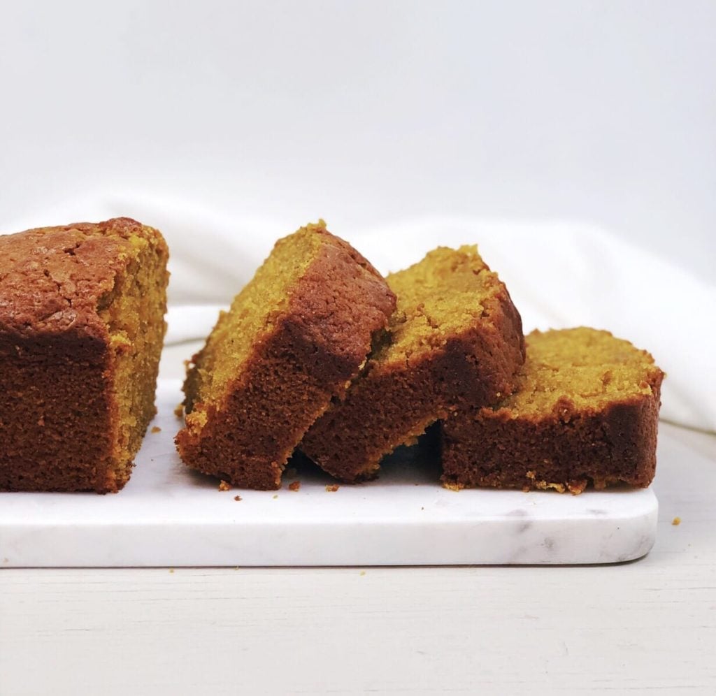 pumpkin cake sliced on counter