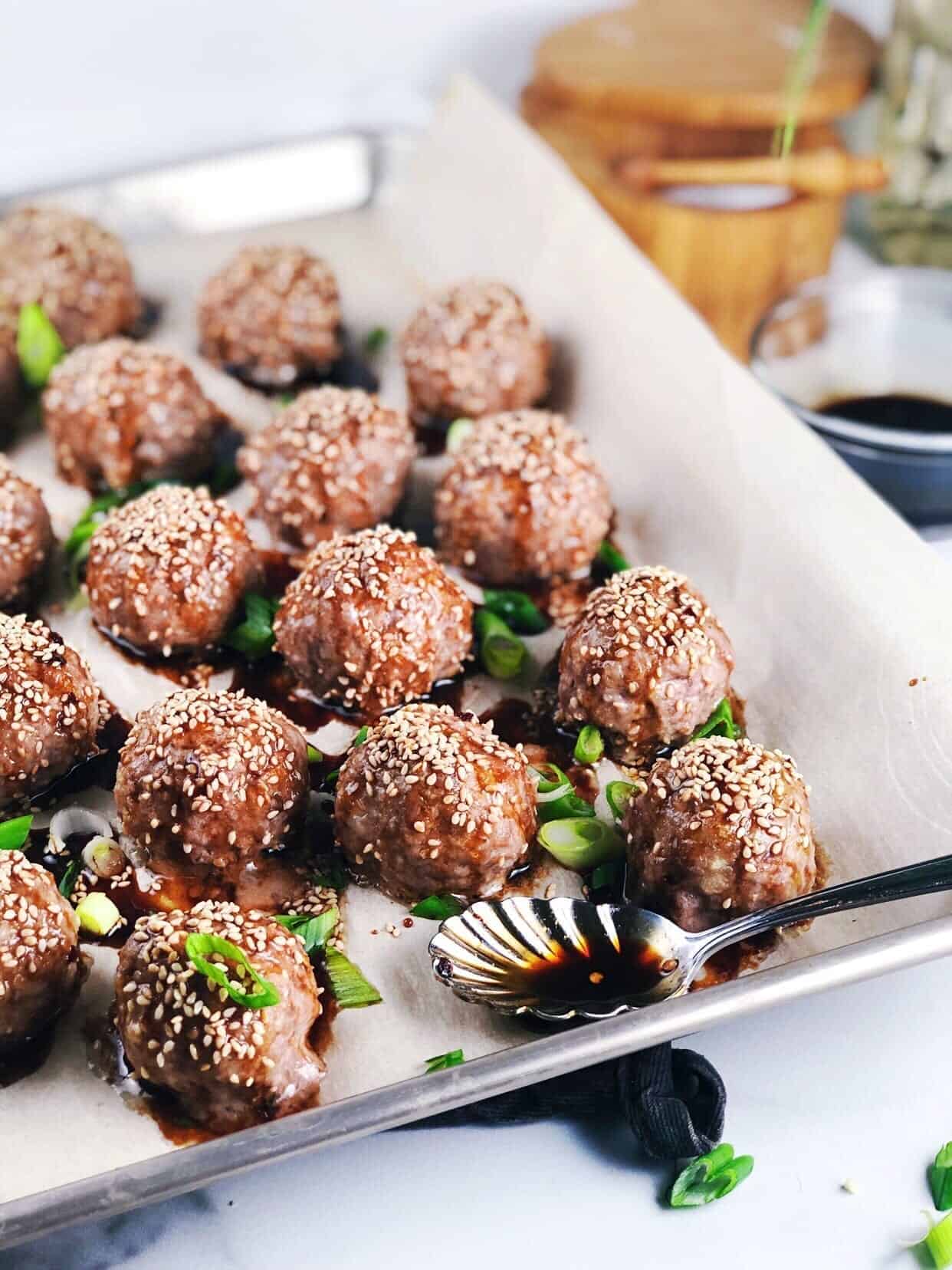 oven baked asian style meatballs on plate