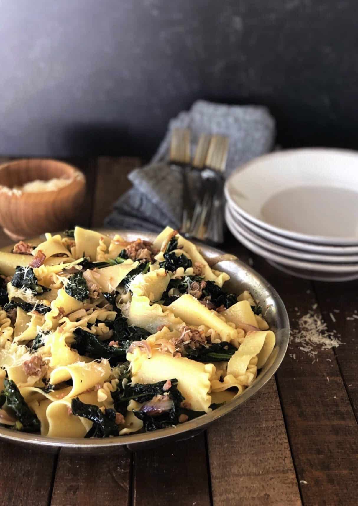 pasta in pan on wood table