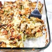 potato and brussels gratin with piece cut