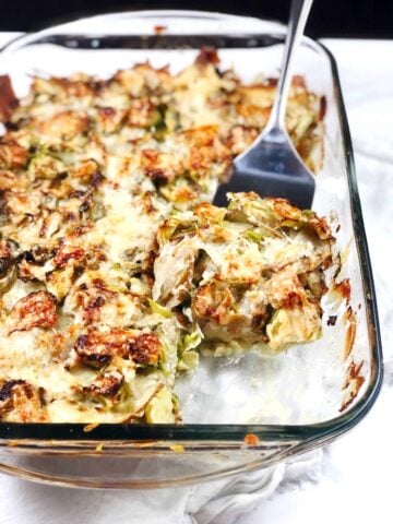 potato and brussels gratin with piece cut