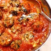 top view of ricotta meatballs with spinach