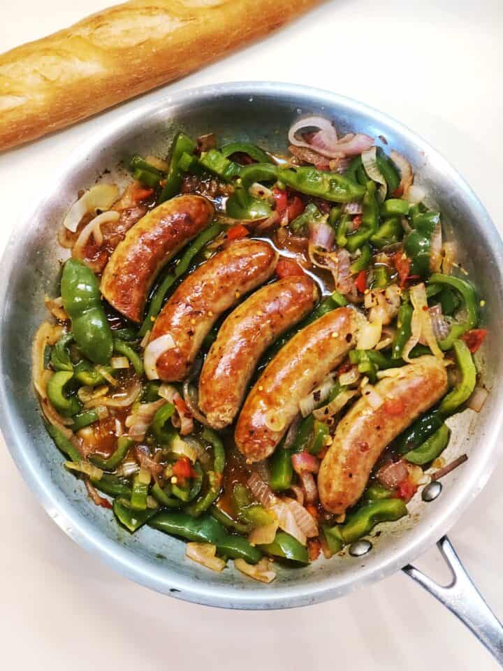 top view of sausage and peppers