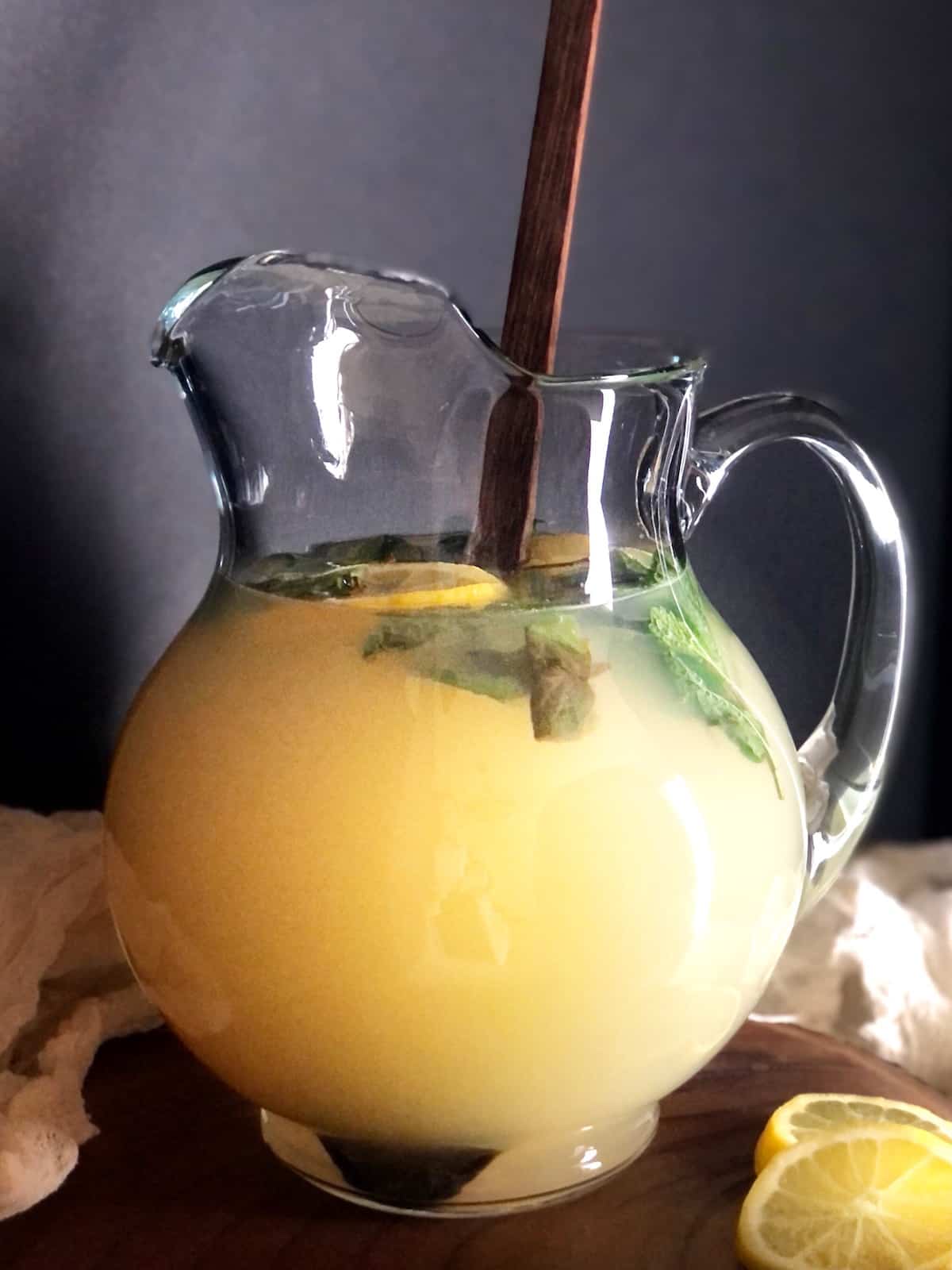 basil lemonade in pitcher