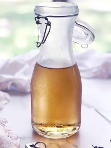 lavender simple syrup in bottle