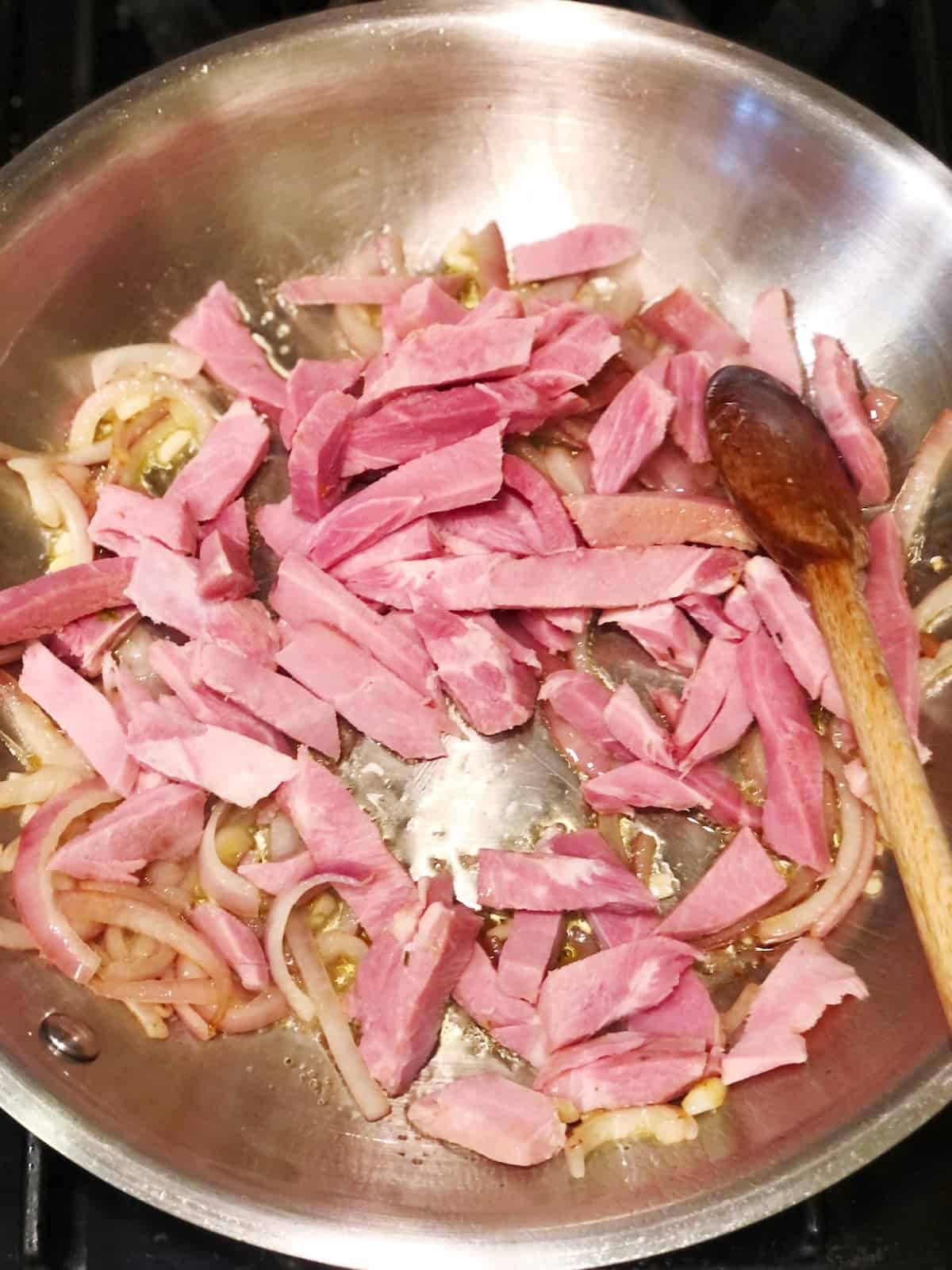 cooking ham for ham and cheese pasta