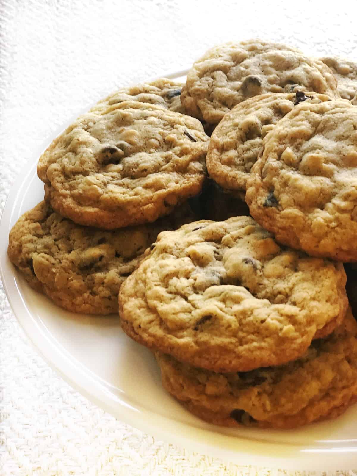 chocolate chip oatmeal cookies on a white plate