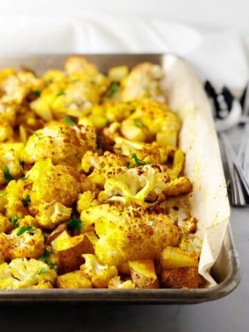 roasted cauliflower and potatoes on sheet pan