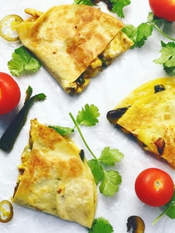 air fryer quesadillas sliced on plate