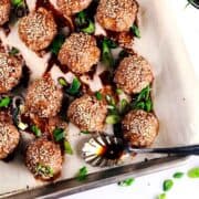 Asian Pork Meatballs on tray with sauce and scallions on top