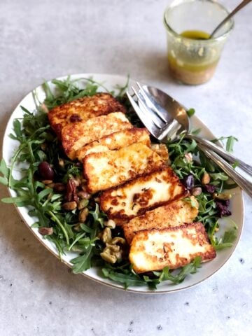 pan fried halloumi salad on plate