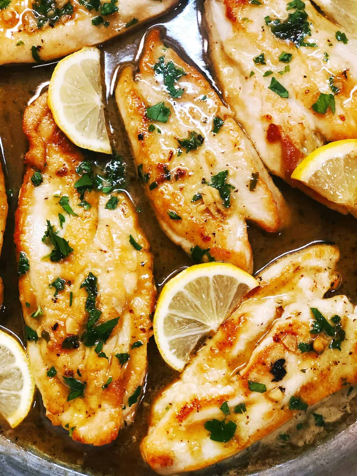 A pan with lemon slices and chicken in it.