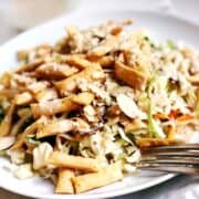 A plate of asian salad with a fork.