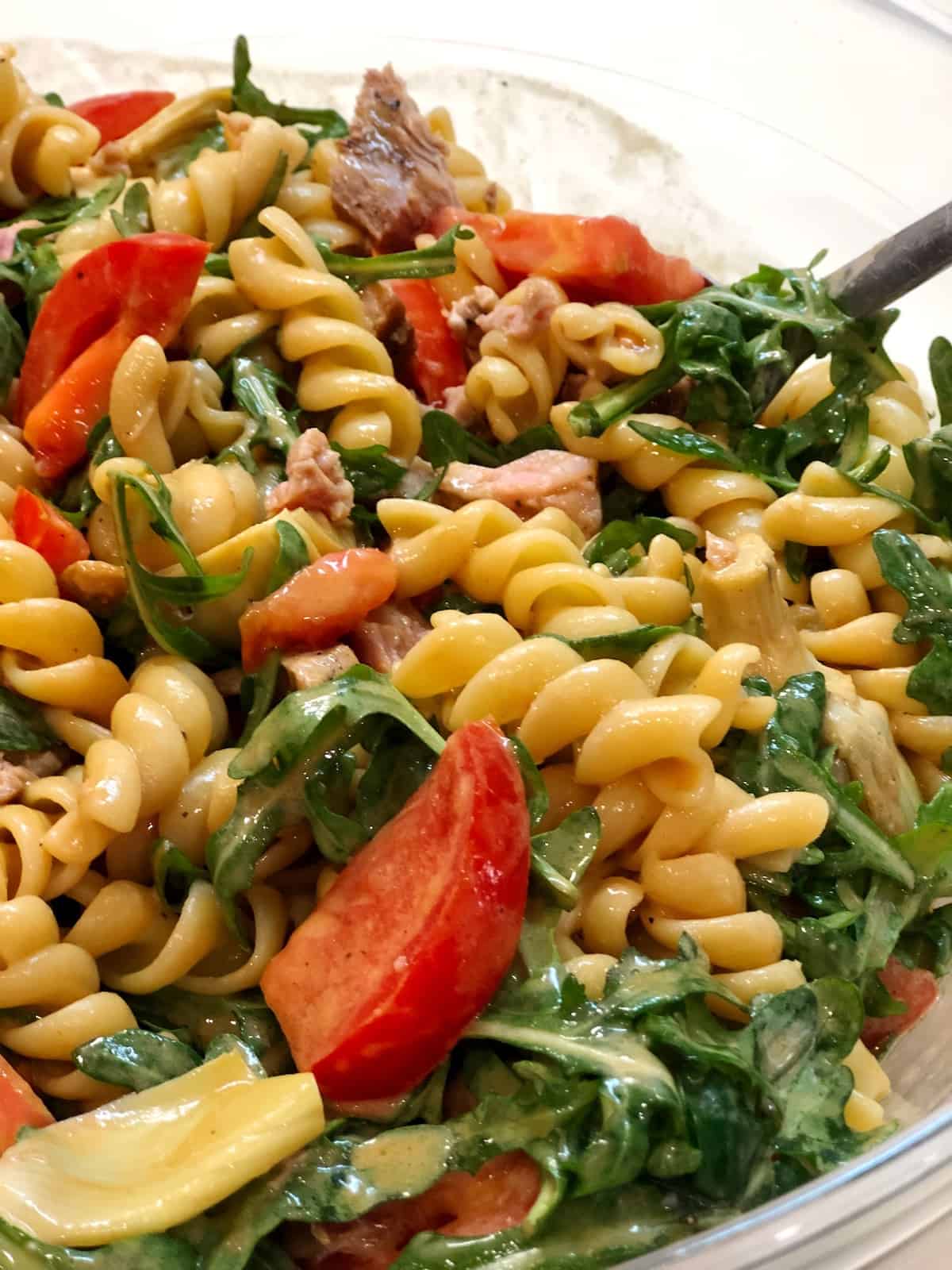 closeup of tuna pasta salad recipe