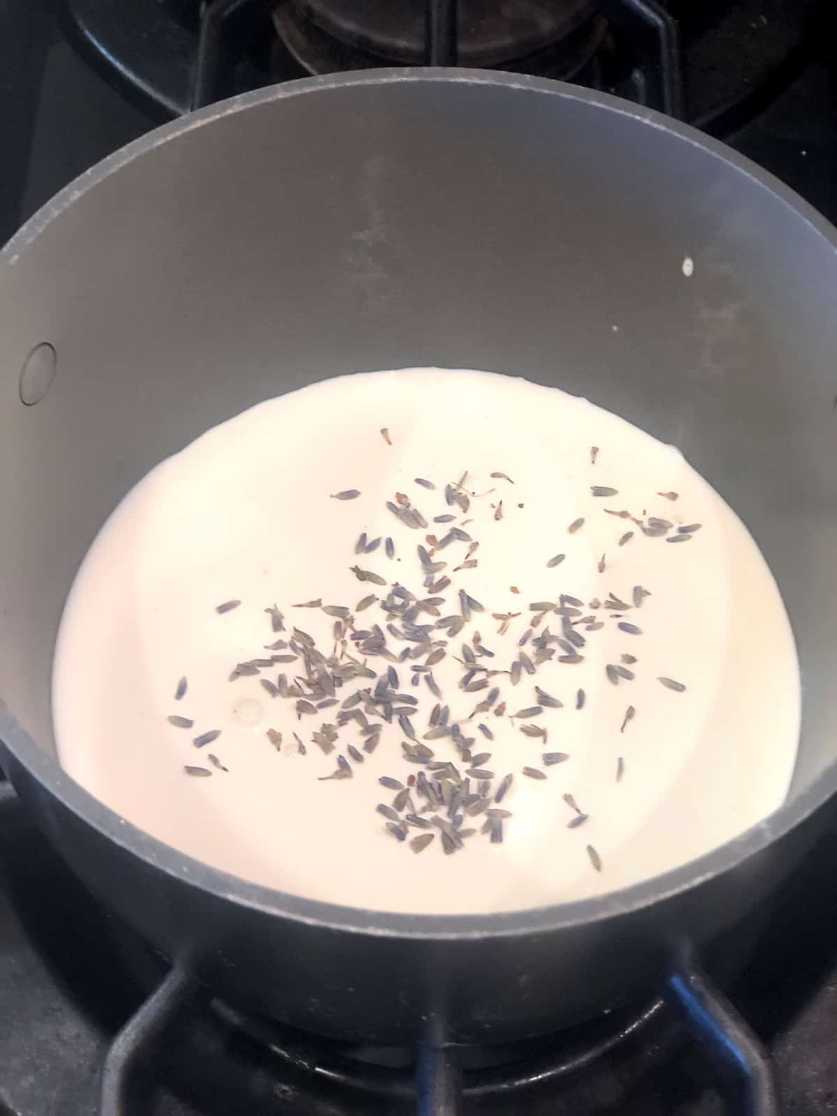 lavender creme brulee in pot on the stove