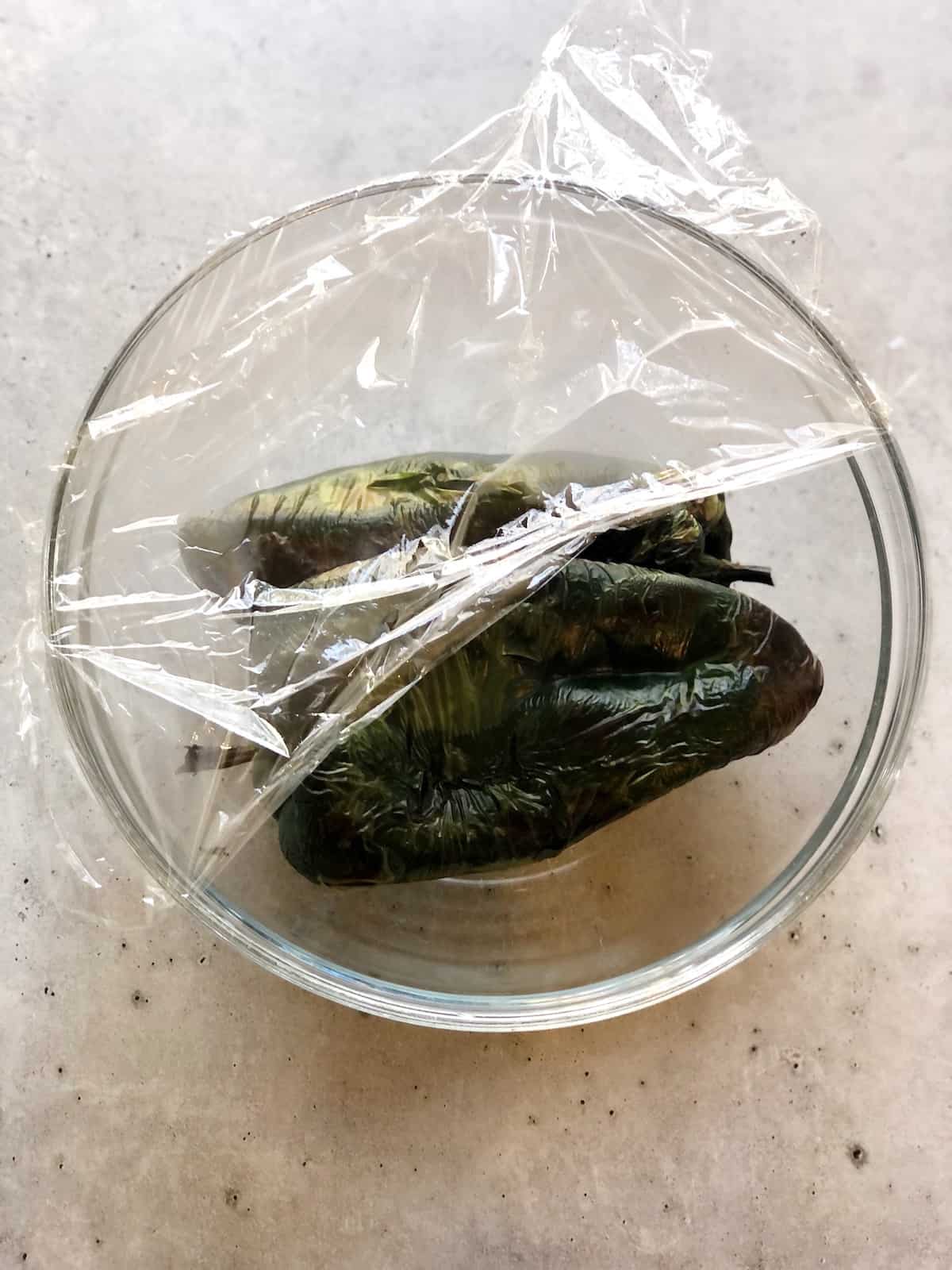 Oven roasted poblano peppers in a bowl