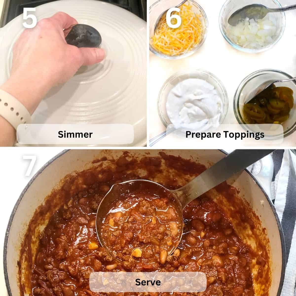 How to make Dutch oven chili in pictures with simmering, assembling toppings and serving.