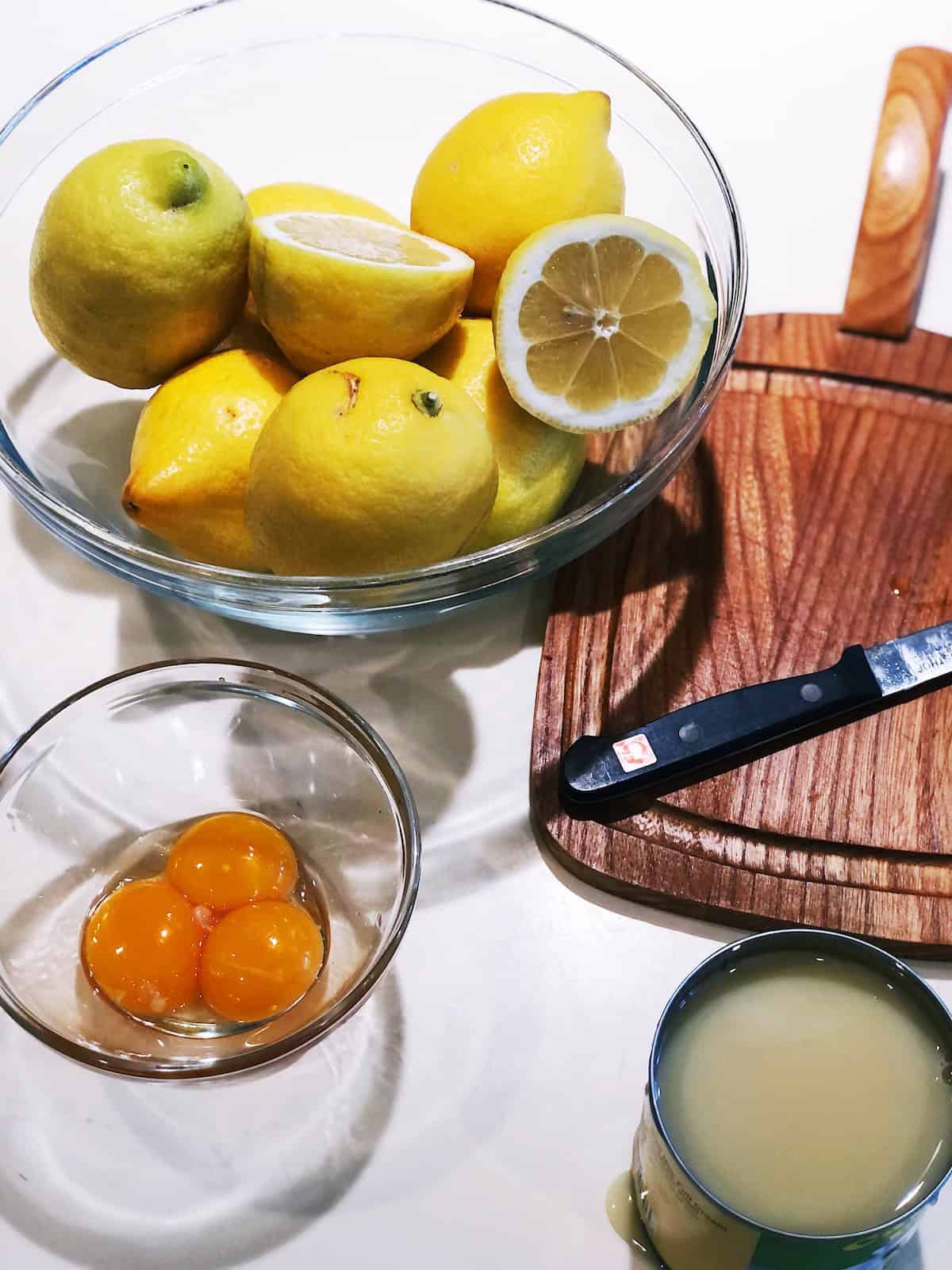 Ingredients for lemon bars on the counter.