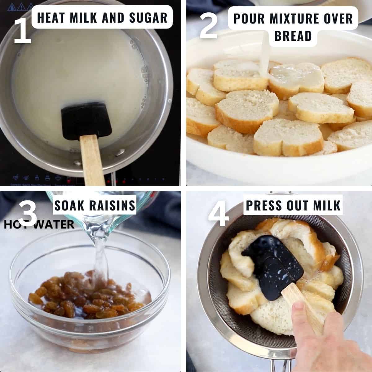 Preparing the bread pudding from heating milk and sugar together, slicing the bread and combining it all.