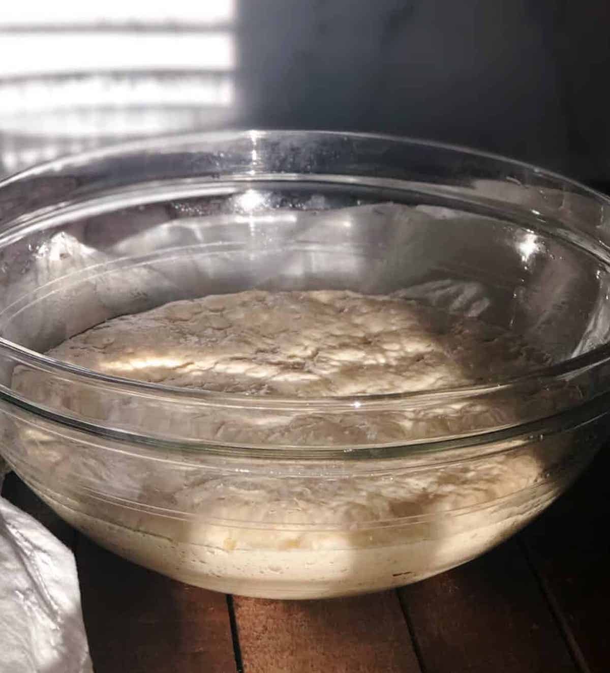 pizza dough in a bowl with plastic wrap on top.