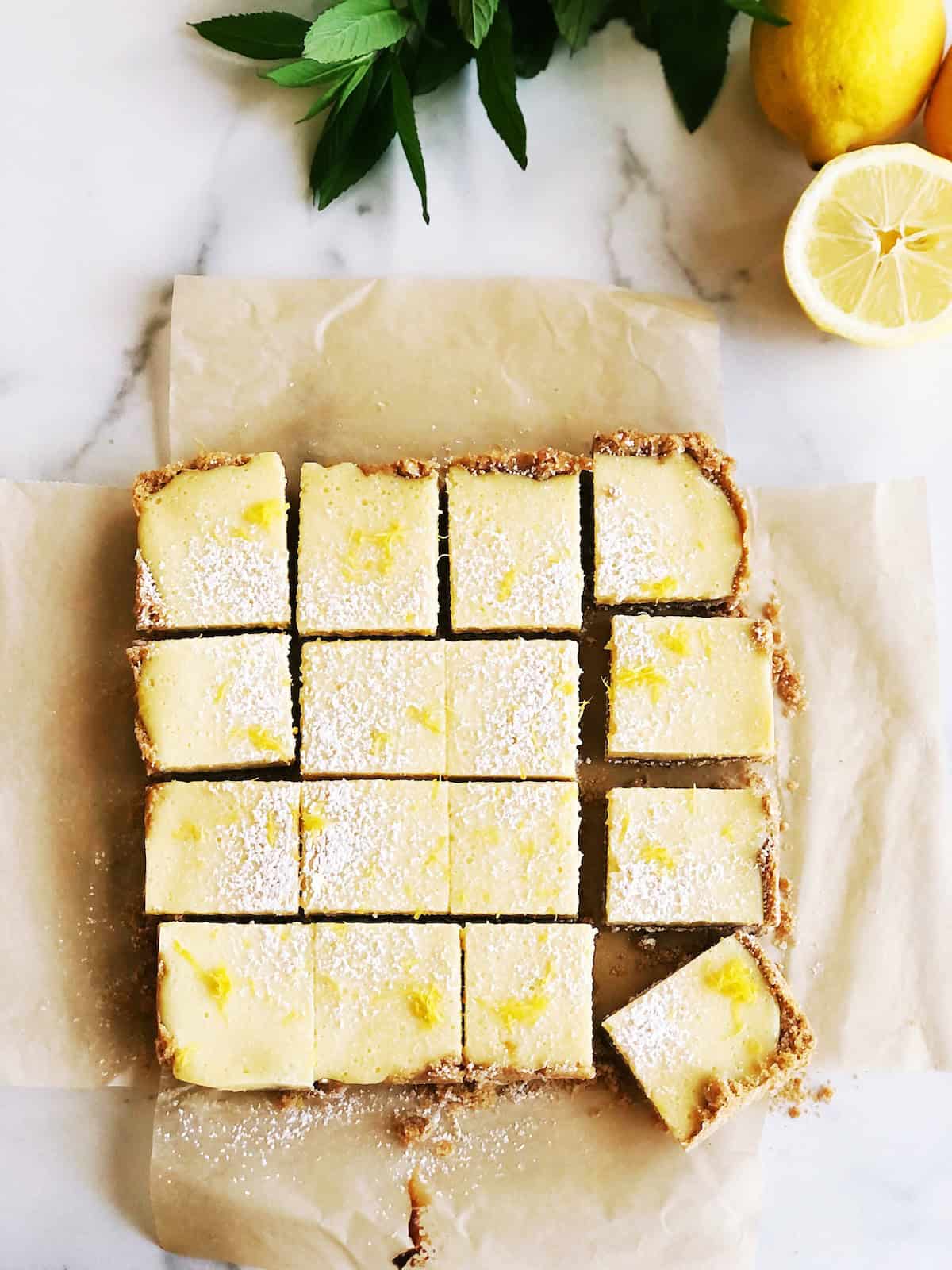 Sliced up lemon bars on the counter.