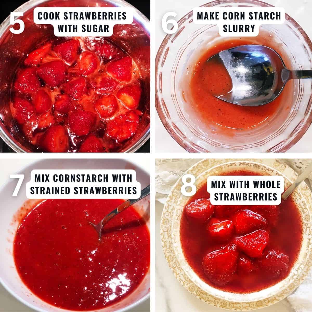 Preparing the strawberry sauce for the cheesecake from cooking down the strawberries, making a cornstarch slurry then mixing it all together.