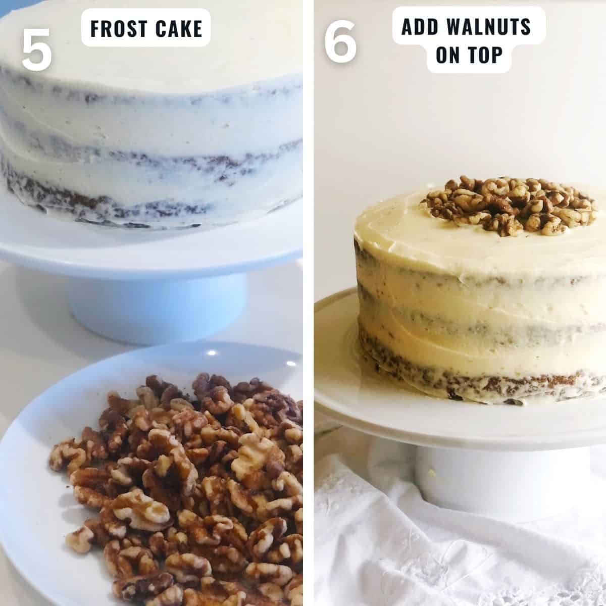 Preparing the carrot cake from frosting the cake then adding walnuts to the top for garnish.