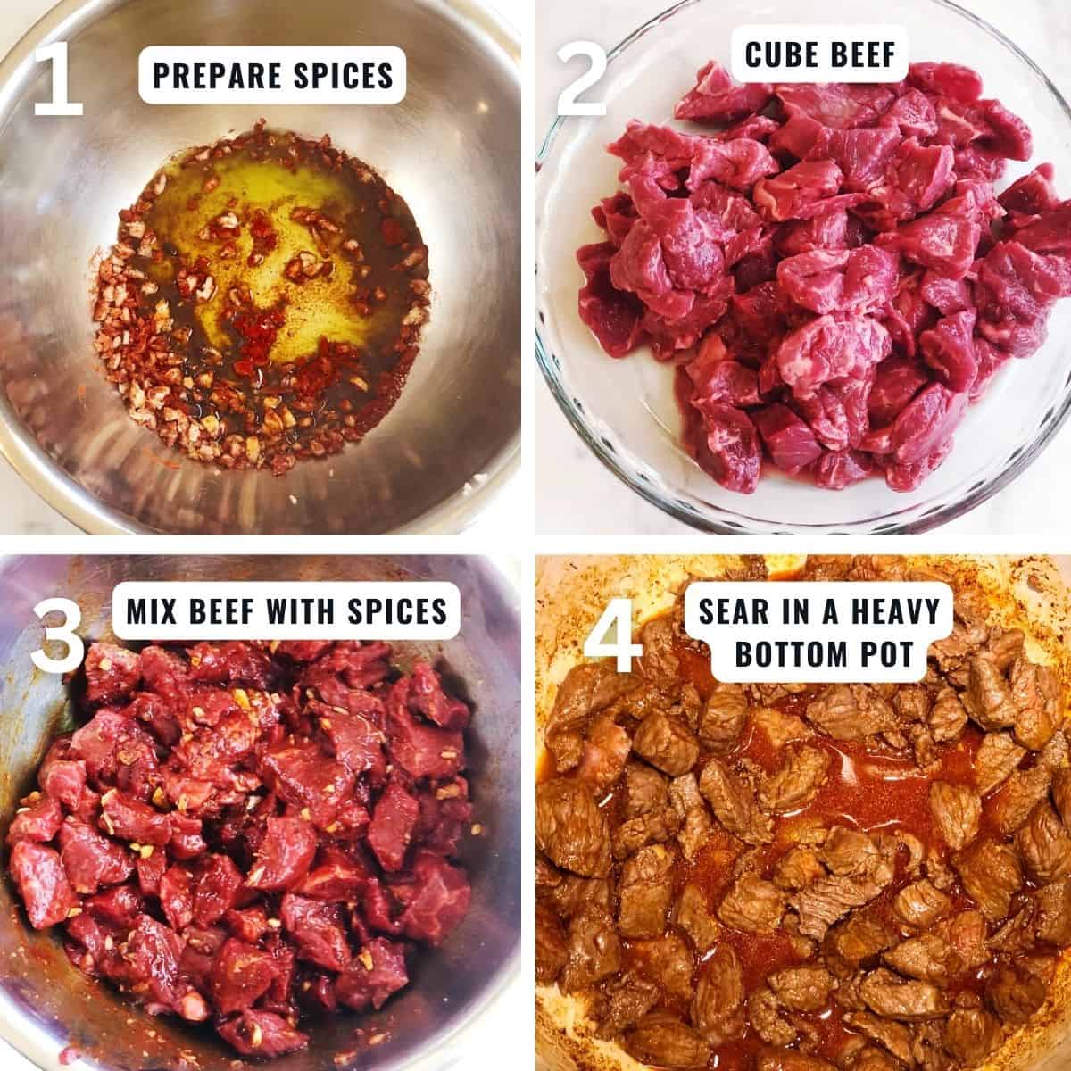 Preparing the Dutch oven beef stew steps in pictures from making the seasoning for the beef, coating the beef with the seasoning, then searing the seasoned beef in a large dutch oven pot.