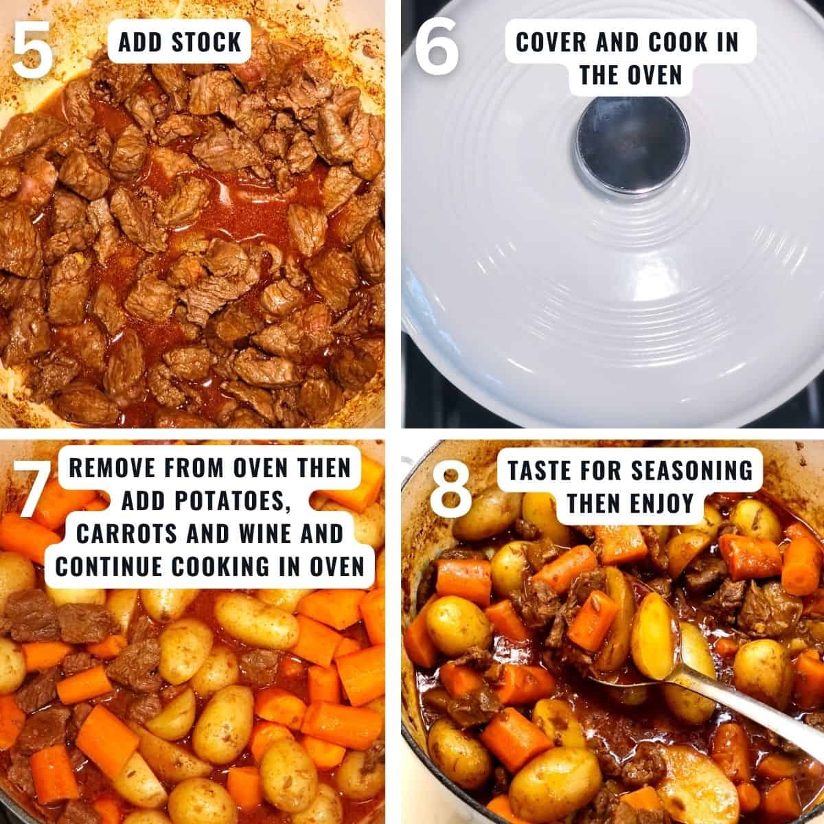 Cooking the Dutch oven beef stew steps in pictures from adding beef stock to the pot, covering it with a lid, adding the potatoes and carrots after cooking in oven, then seasoning the stew.