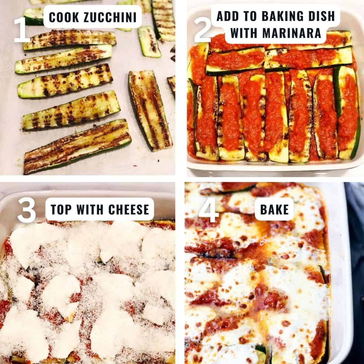 Preparing the Italian baked zucchini from pre-cooking the zucchini, layering it in a pan with marinara and cheese and baking it until golden brown on top.