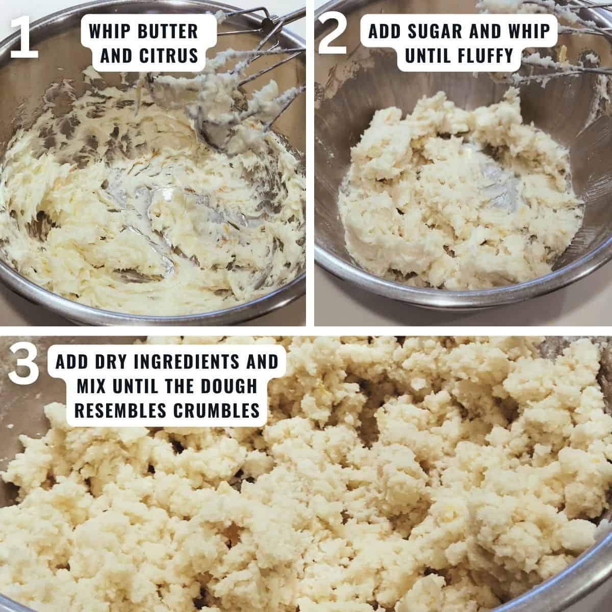 Preparing the snowball cookies in pictures from mixing the butter and citrus in a bowl, adding sugar and continuing the whipping of the butter, then adding the dry ingredients and mixing until the dough looks crumbly.