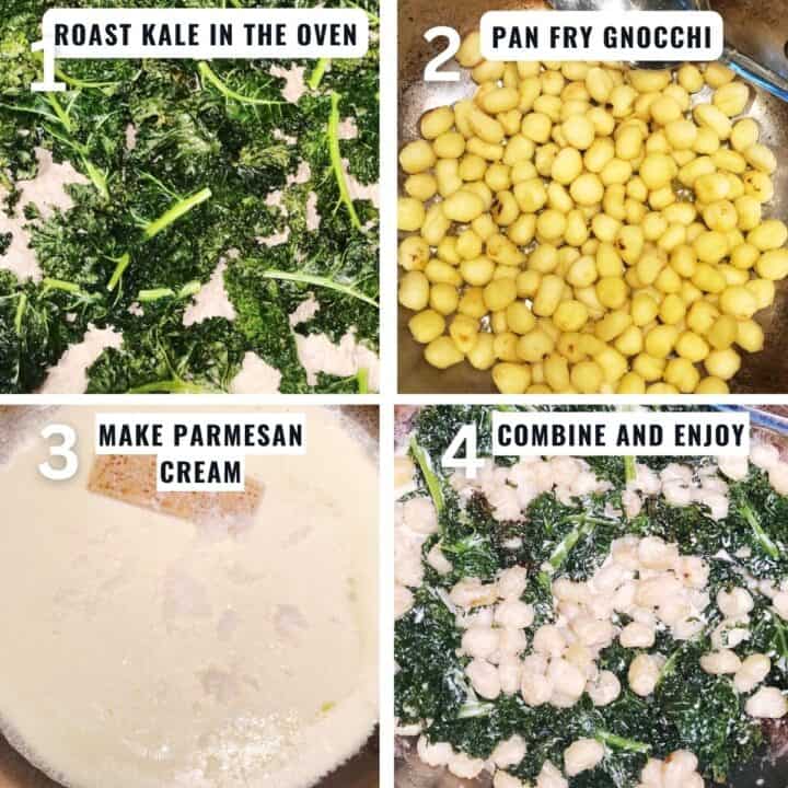 Preparing the dish from roasting the kale to making the cream sauce and toasting up the gnocchi in a pan.