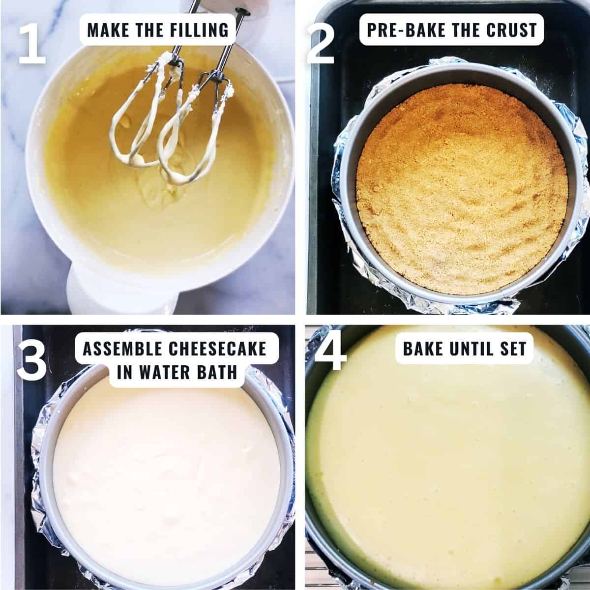 Preparing the Philadelphia cheesecake steps from a picture of making the filling, making the crust, to pouring the crust into the pan and baking it.