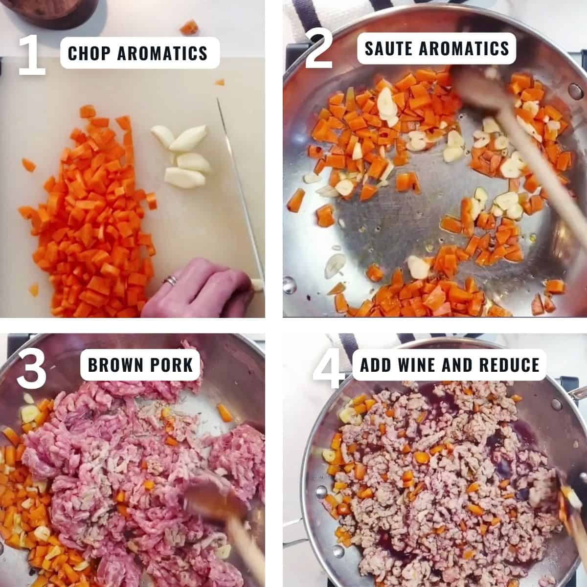 Preparing the pork Bolognese from cooking the aromatics, browning the pork, and reducing the wine.