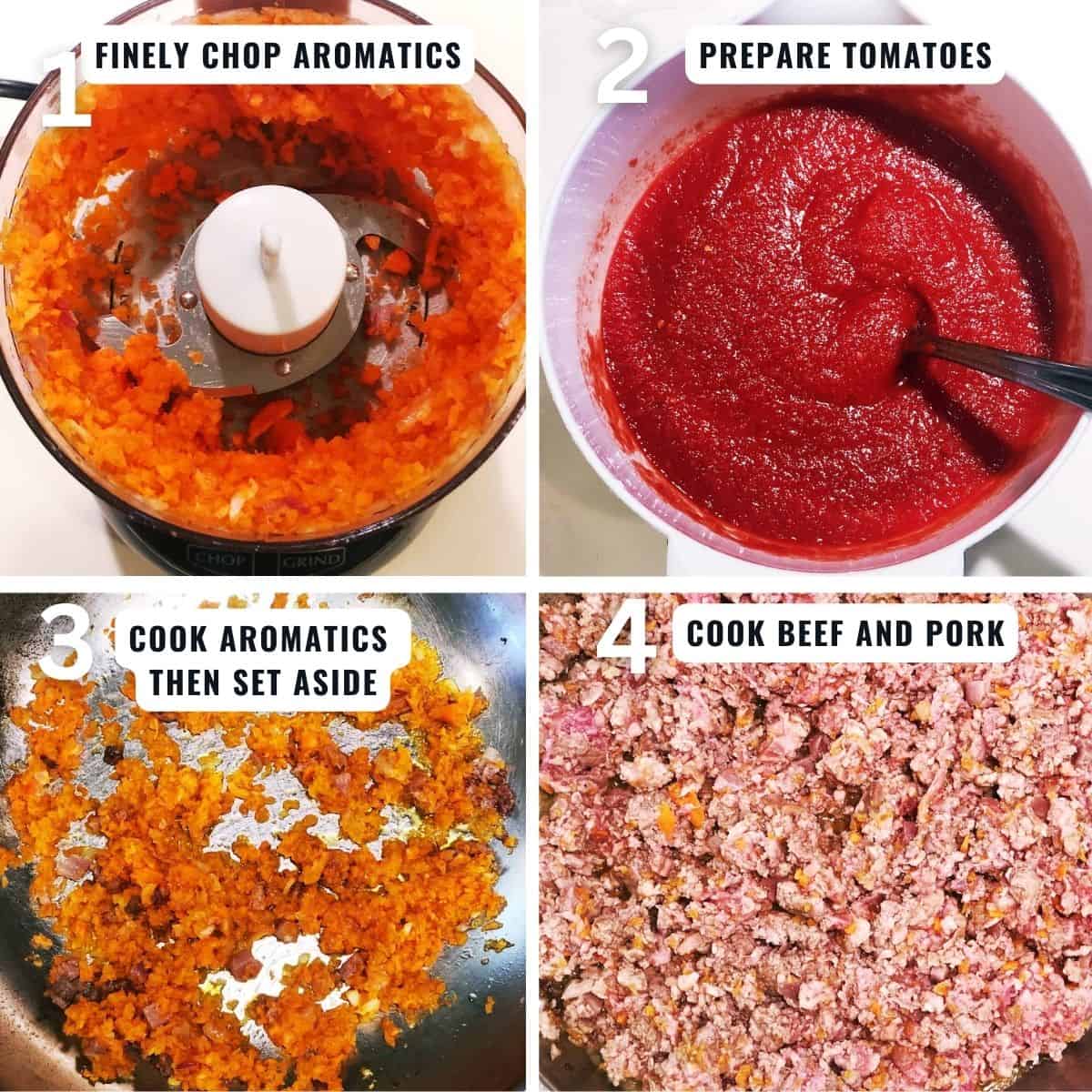 Preparing the rigatoni Bolognese from chopping the aromatics to sauteing beef and pork and then reducing the wine.