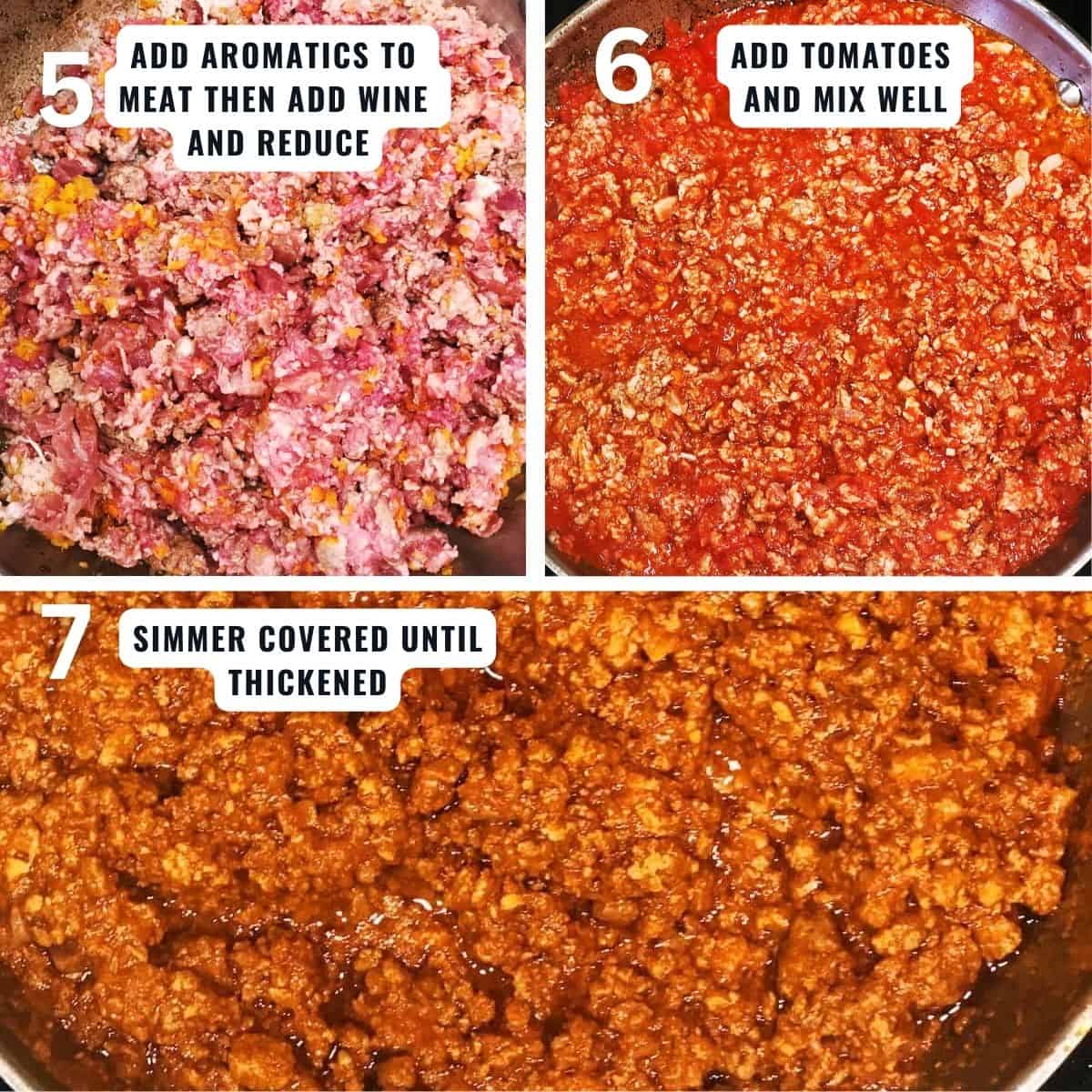 Preparing the rigatoni Bolognese from adding wine, adding tomatoes then simmering it until thick.