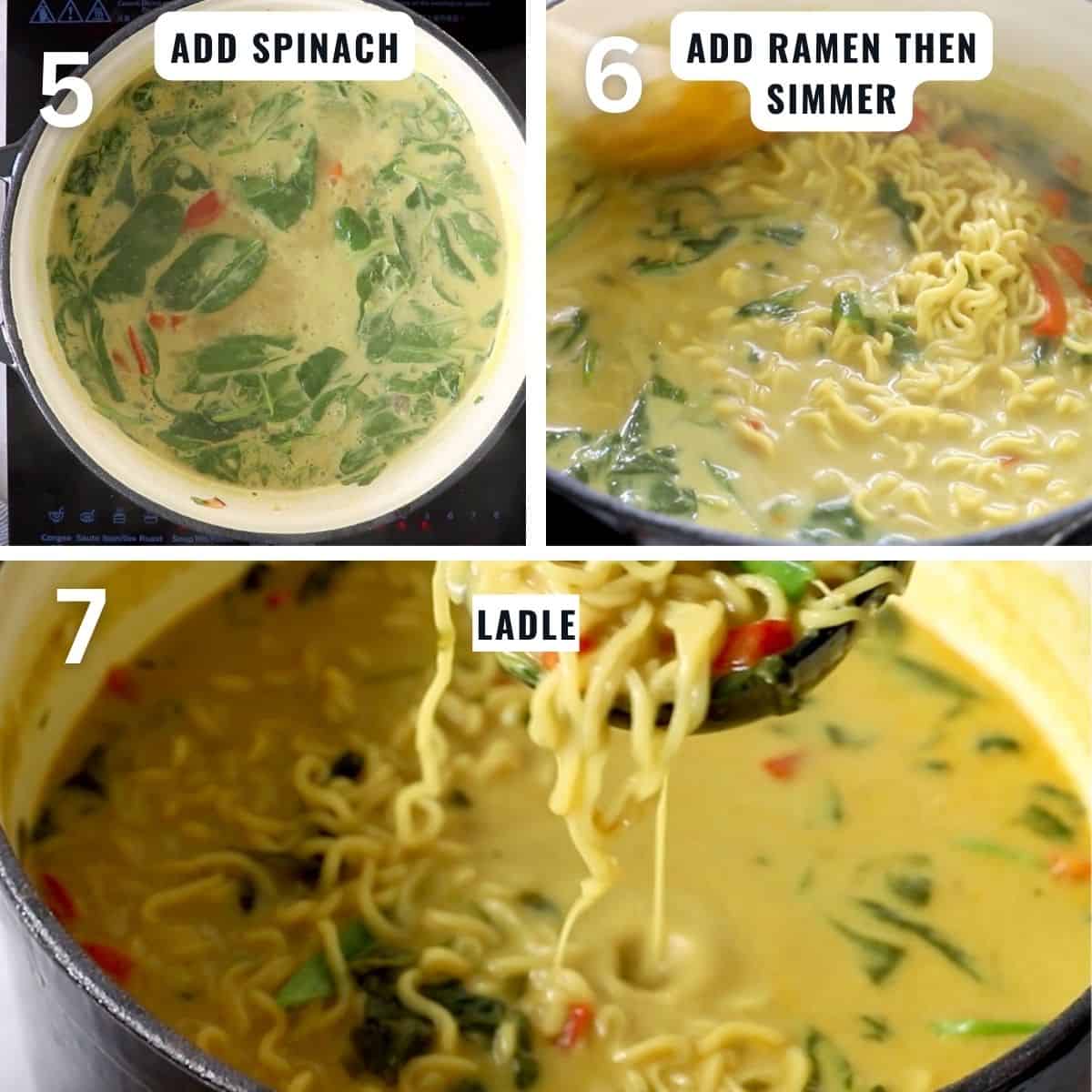 Soup preparation from adding spinach and ramen to serving.