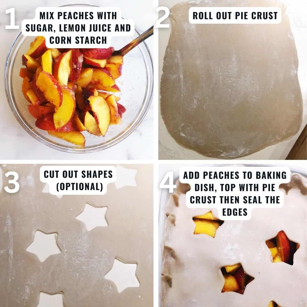 Preparing the peach cobbler with a pie crust top steps from mixing the sliced peaches with lemon juice and cornstarch, to rolling out the pie crust and assembling the cobbler.