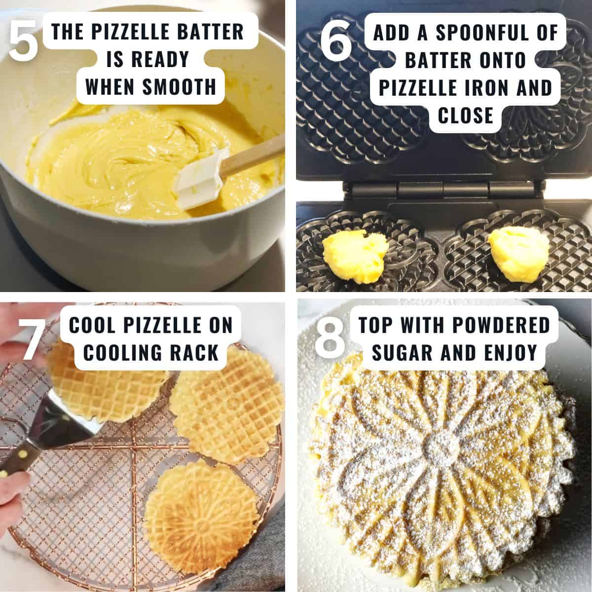 Steps to making classic Italian pizzelle including: mixing the batter until smooth, scooping a tablespoon of pizzelle batter onto a pizzelle iron and cooking. Then placing the pizzelle on a cooling rack to cool and dusting with powdered sugar before eating.
