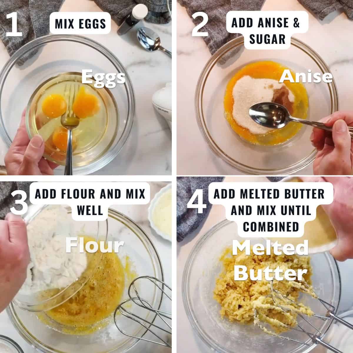 Steps to making classic Italian pizzelle including: mixing the eggs, then adding anise and sugar and mixing together, then adding flour and melted butter butter and mixing well.
