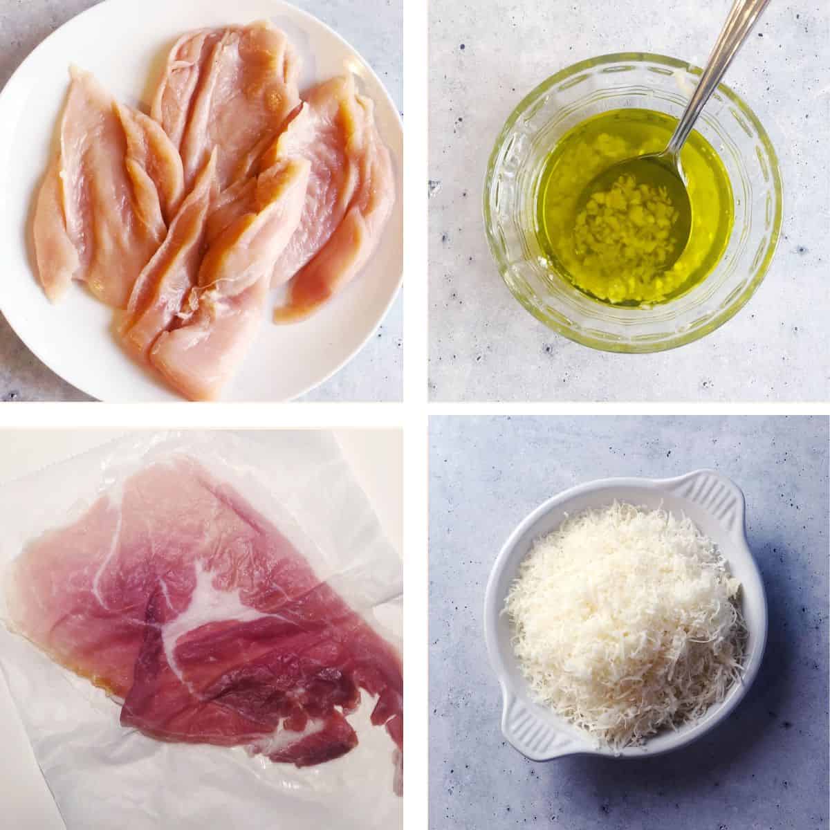 Ingredients for making chicken and prosciutto including: chicken breasts, prosciutto, parmesan and a marinade made of olive oil, lemon juice and garlic.