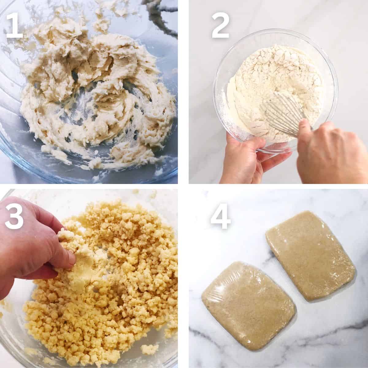 The steps to preparing the salted shortbread cookies including: mixing the butter in a bowl, combining dry ingredients in a separate bowl then adding that to the whipped up butter. The dough is then divided into two flat squares and wrapped in plastic wrap to chill.