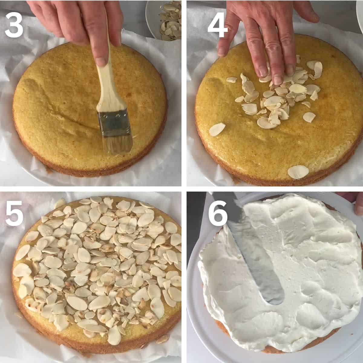 Decorating and assembling the vanilla almond layer cake including brushing on almond syrup then pressing in almonds on top of the syrup for one cake, and adding whipped cream frosting to the the other cake.