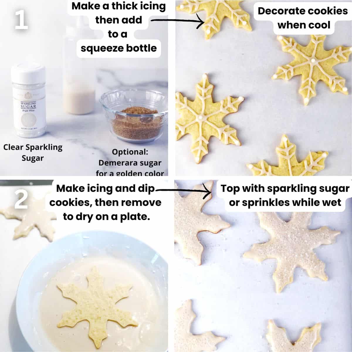 Decorating the citrus sugar cookies by: making an icing, dipping the cookies in the icing and drizzling the icing on to the cookies to make a snowflake design.