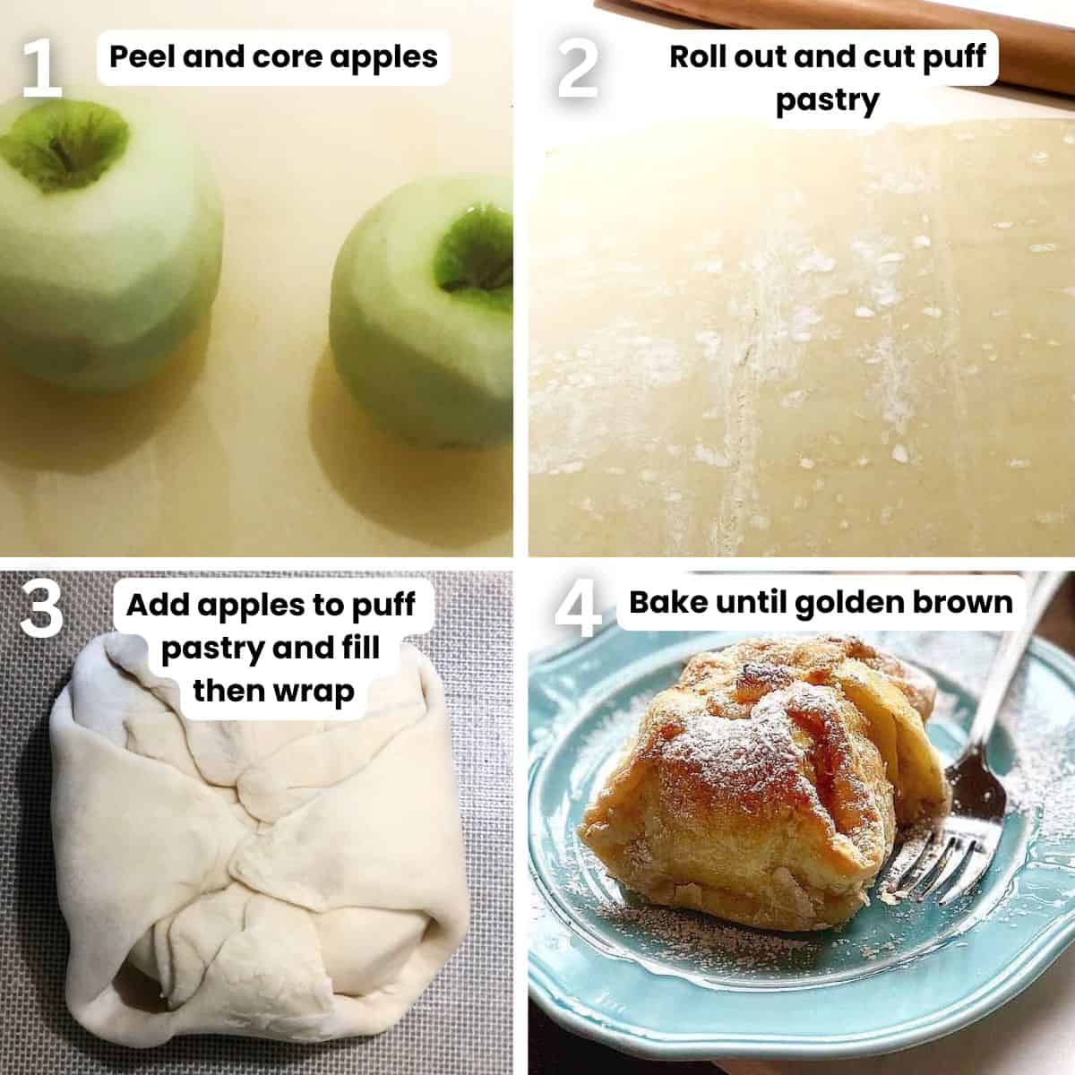 Preparing apple dumplings with puff pastry steps including: preparing apples, wrapping them in puff pastry then baking until golden brown.