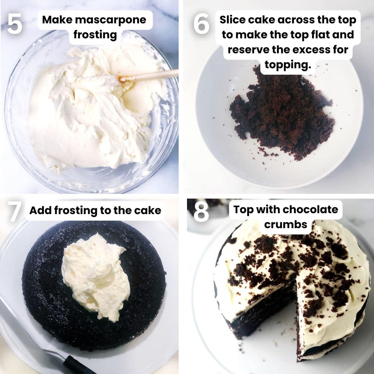 Preparing the chocolate cake from making the frosting, slicing the top of the cake so it is even then decorating the cake.