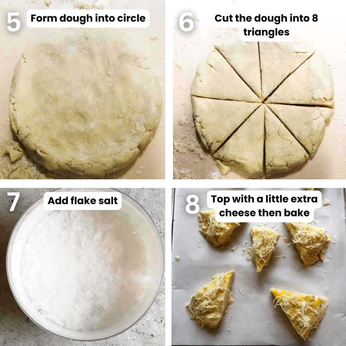 Preparing the cheese scones including: forming the dough, cutting the dough into triangles then topping with cheese.