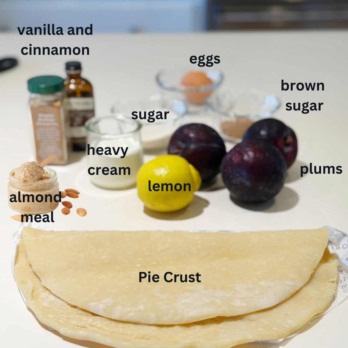 Italian plum tart ingredients on the counter.