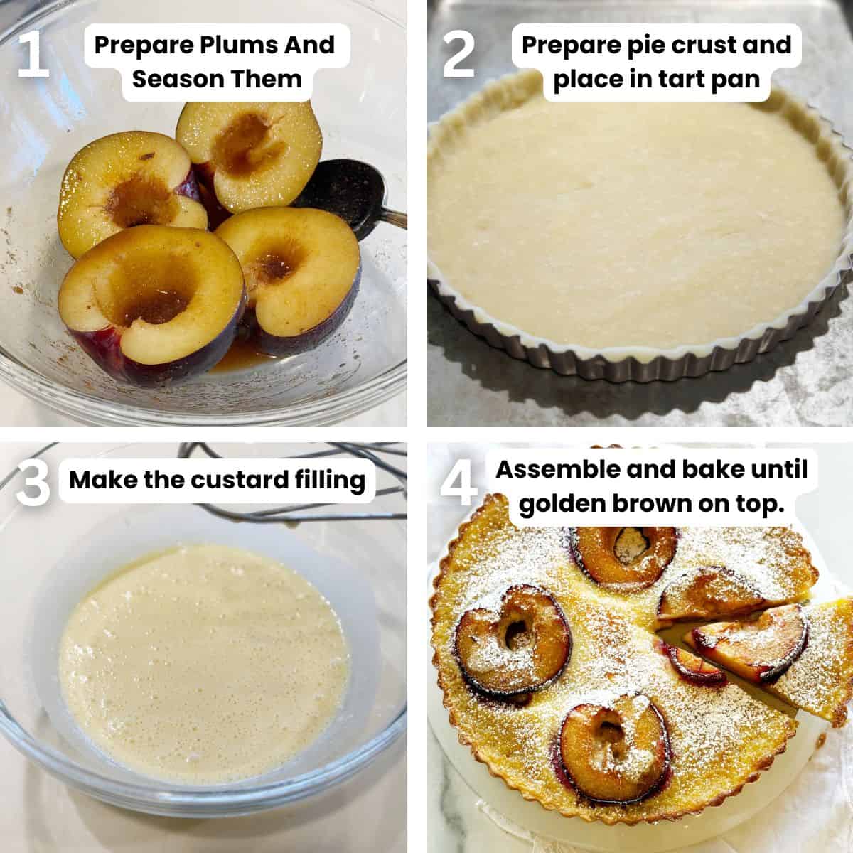 Italian plum tart preparation including making the filling, assembling the tart and what it looks like baked.