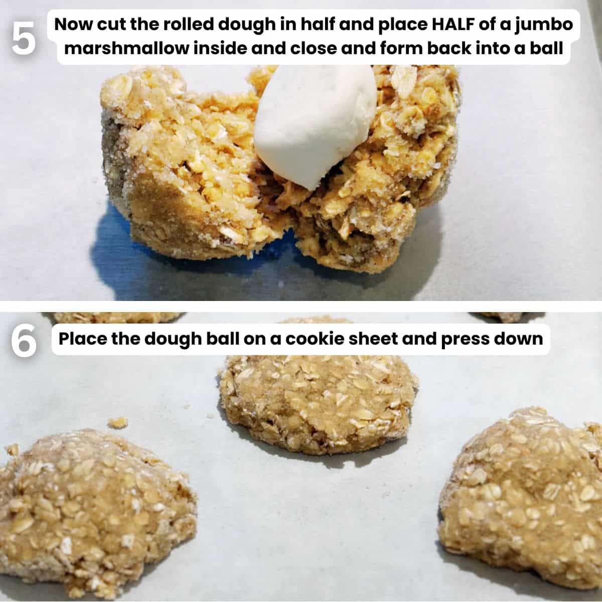 Making the stuffed cookie by adding the marshmallow to the center and covering with dough.